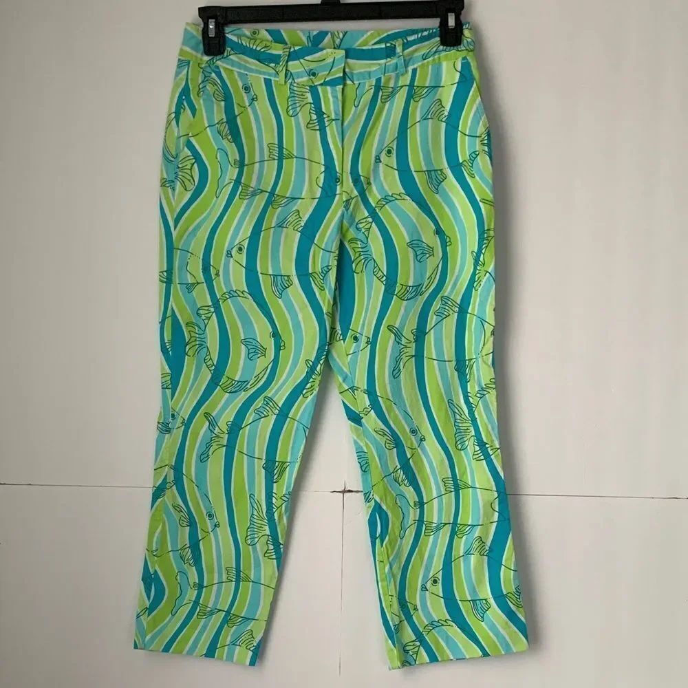 Lilly Pulitzer Cropped Cotton Pants Wave-Print Fish Tropical Size 8